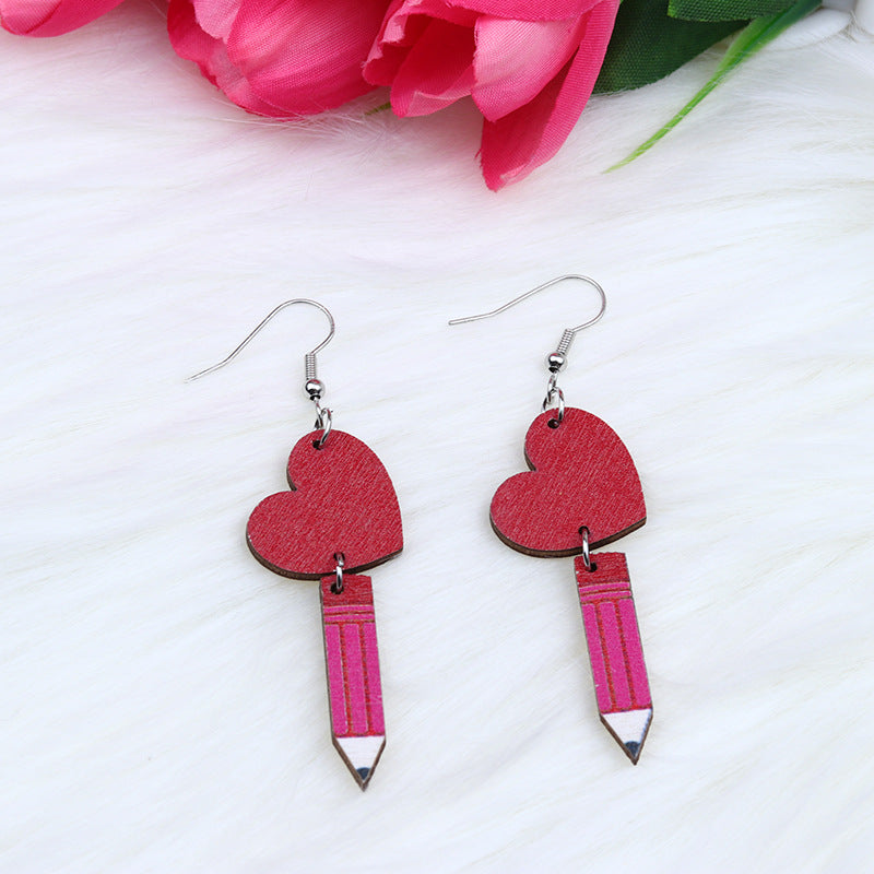 Wholesale Teacher's Day Heart Hollow Wooden Earrings